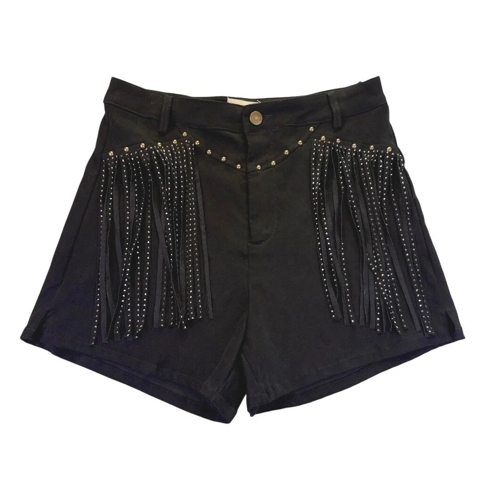 Sterling & Stitch Women's Black Studded Fringe Western Shorts M Western Rodeo